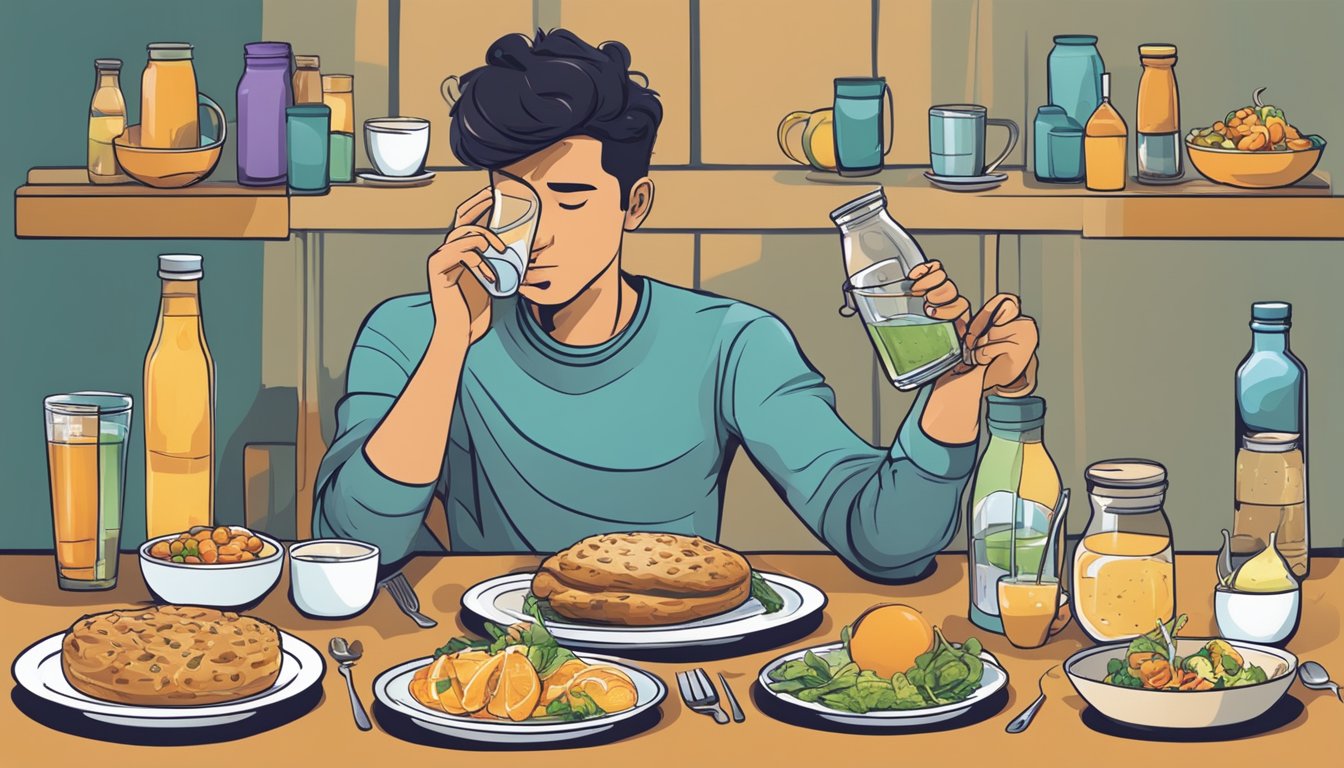 A person refraining from food and drinking water during fasting, with various beverages surrounding them