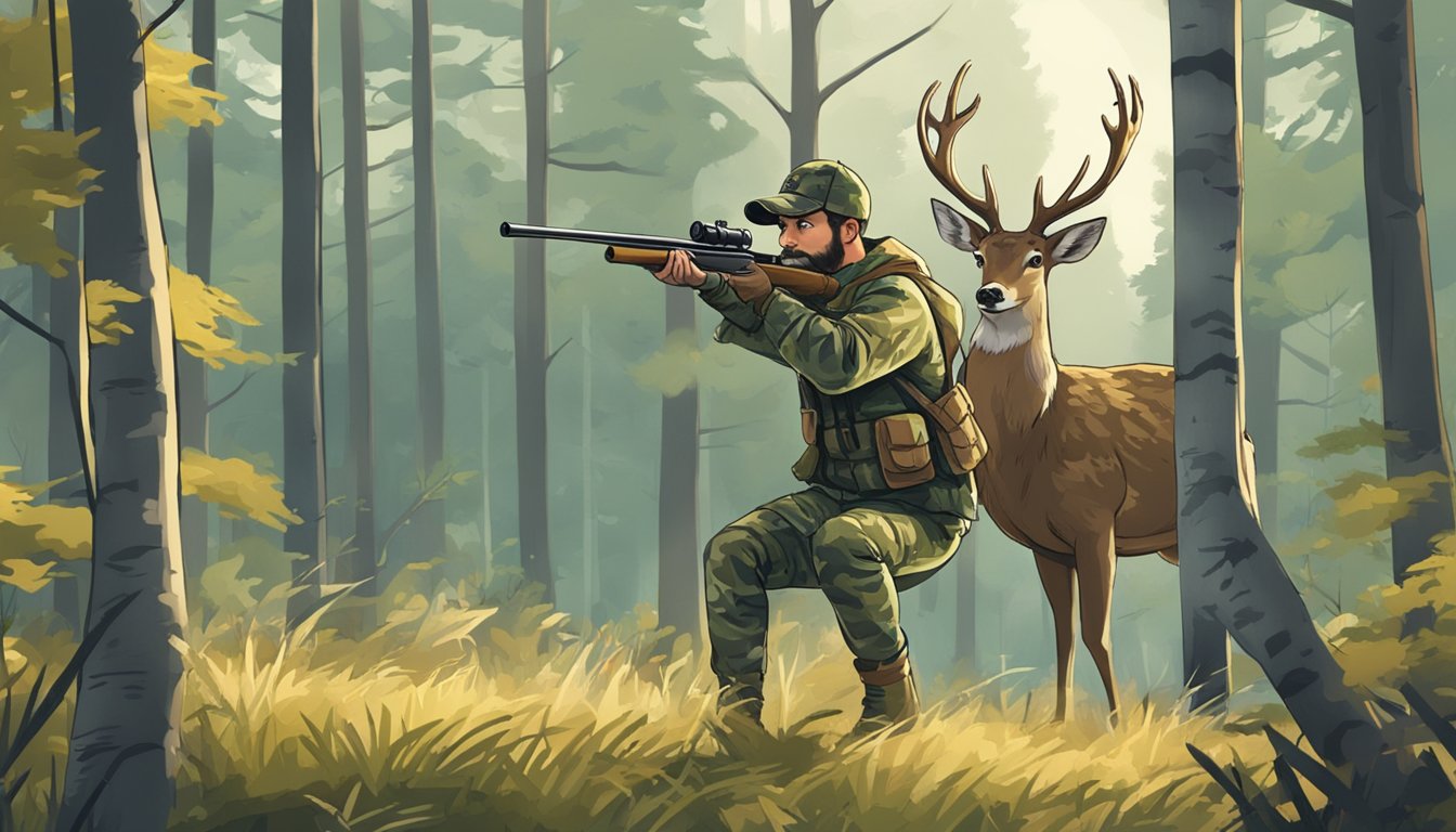 A hunter in camouflage aiming at a surprised deer in a forest clearing with a comical expression