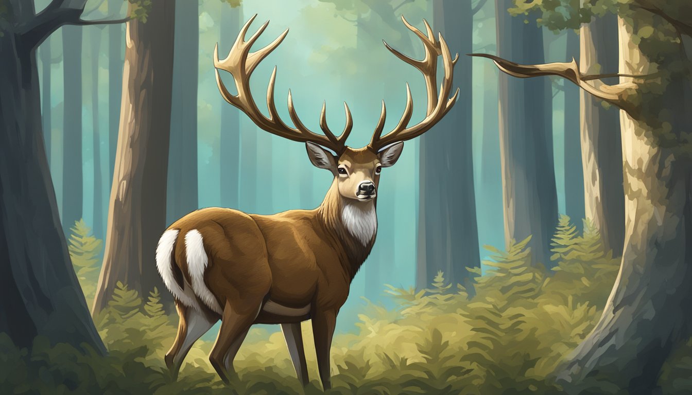 A deer with antlers stands in a forest clearing. A hunting license hangs from a tree branch