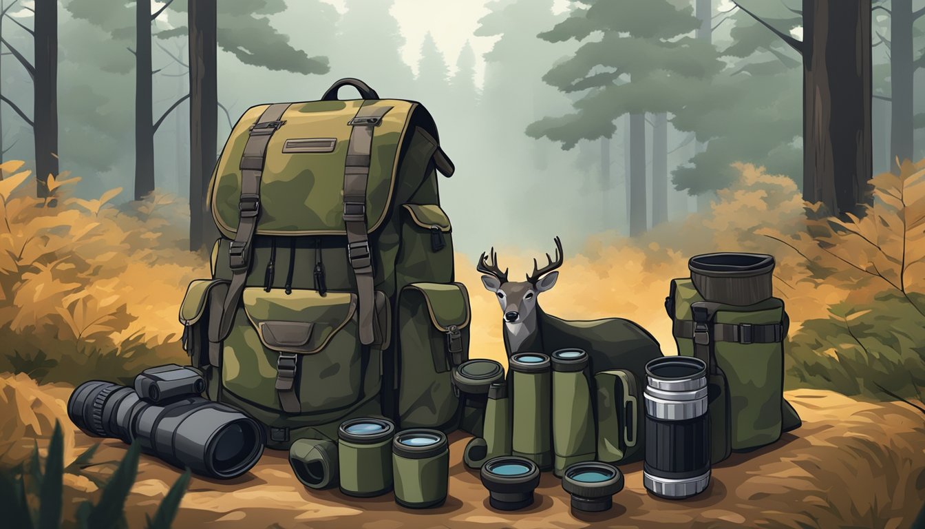 A hunter's backpack with a rifle, binoculars, and camouflage gear, laid out against a backdrop of a rainy forest with a deer silhouette in the distance