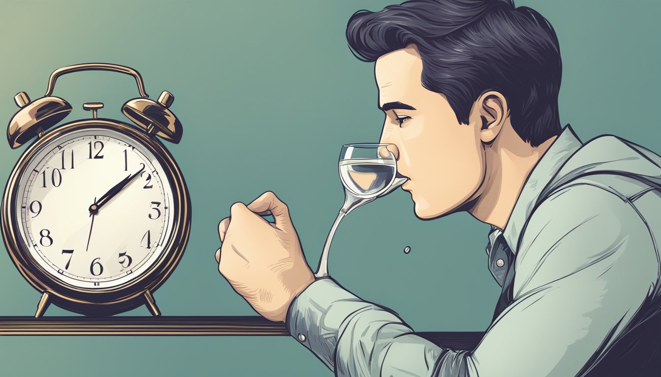 A person sipping water while looking at a clock showing the time for intermittent fasting