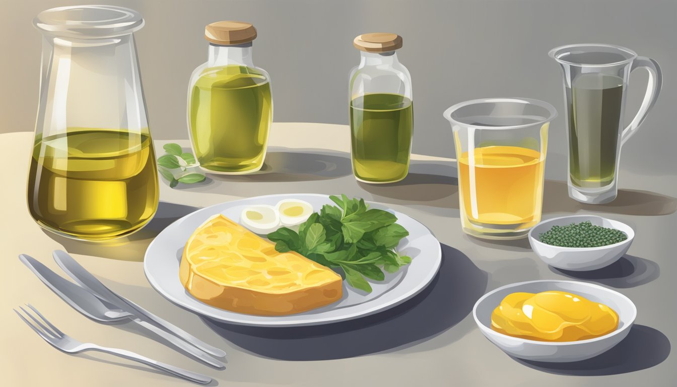 A table with various oils and fats, alongside a glass of water, representing the concept of choosing wisely for intermittent fasting