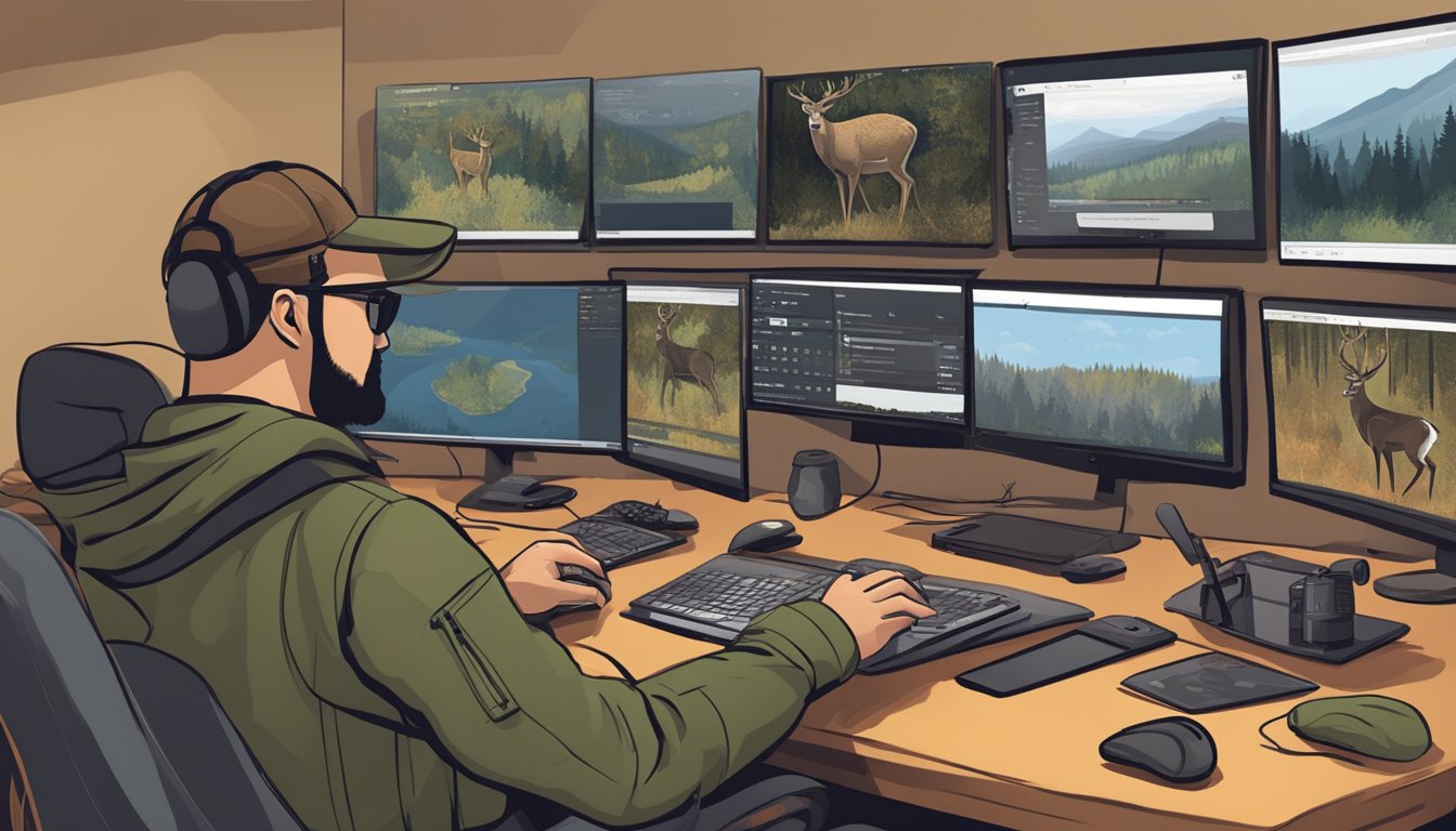 A hunter browsing through various YouTube channels featuring deer hunting videos, with a computer screen displaying different thumbnails and titles