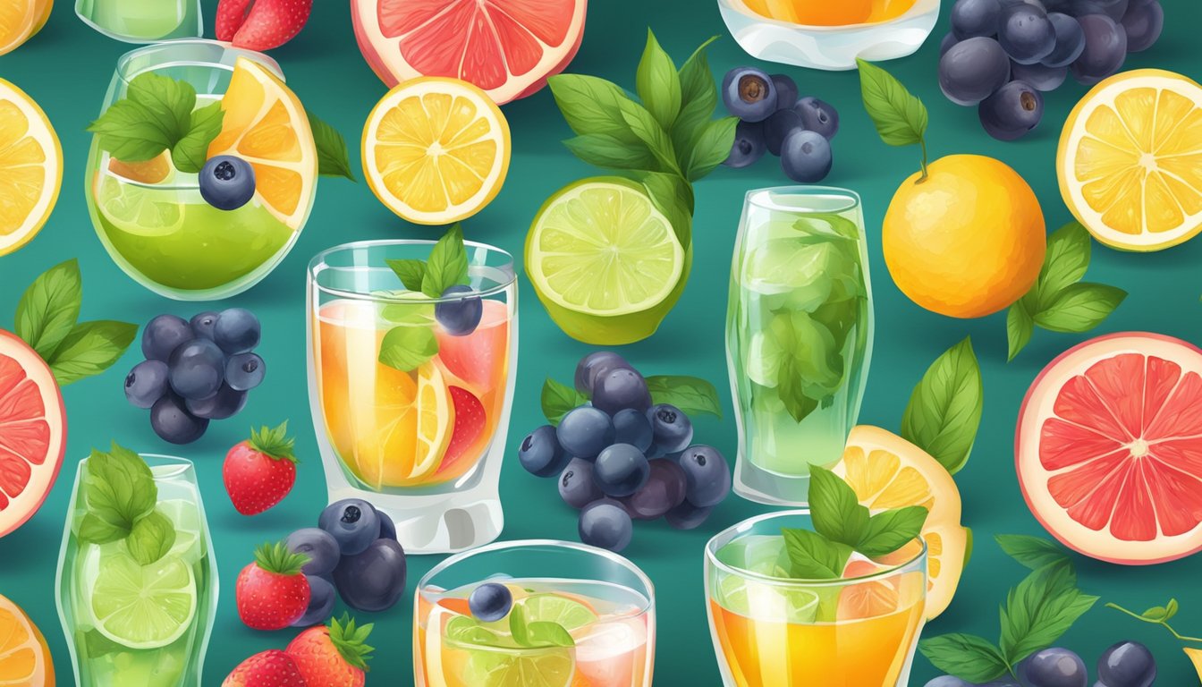 A glass of clear liquid with a bright, refreshing color, surrounded by fresh fruits and herbs