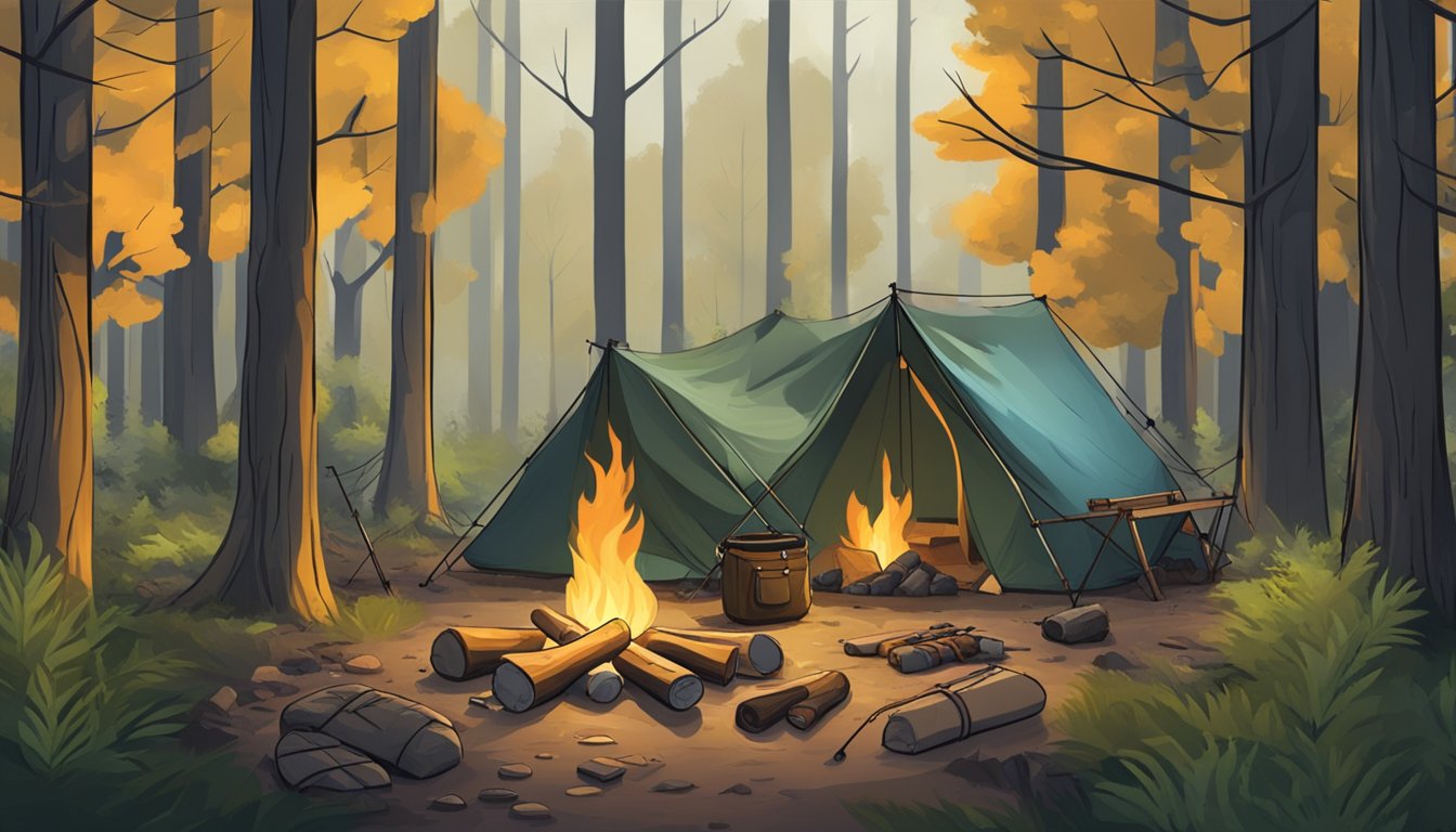 A hunter's campsite in a rainy forest, with a tarp shelter, a smoldering fire, and hunting gear laid out on the ground