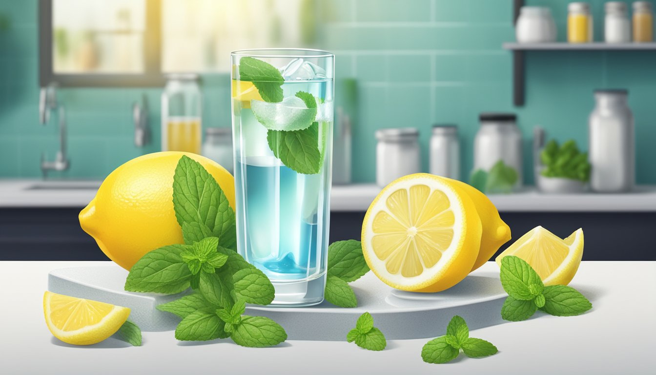 A glass of water with a slice of lemon and a sprig of mint, surrounded by various supplements and special additives, sits on a clean, modern kitchen counter