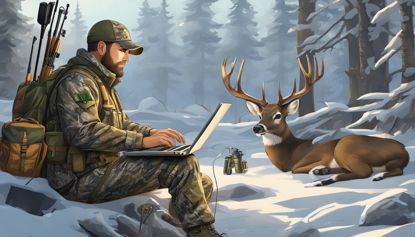 A hunter in camouflage gear watches deer hunting videos on a laptop while surrounded by hunting gear and equipment