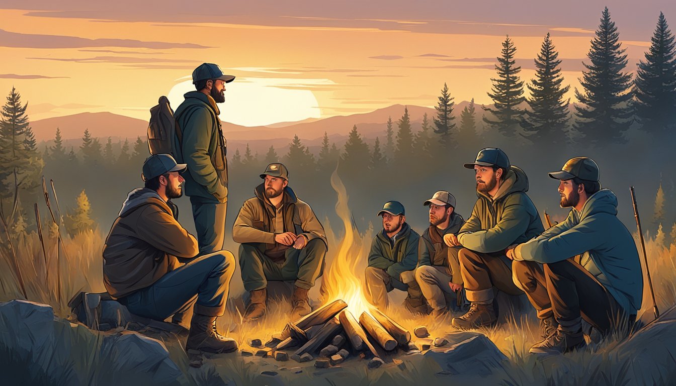 A group of hunters gather around a campfire, listening intently to an experienced expert sharing tips and strategies for deer hunting