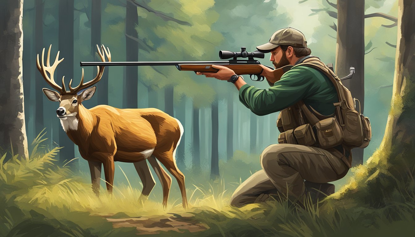 A hunter aiming a rifle at a deer in a forest clearing