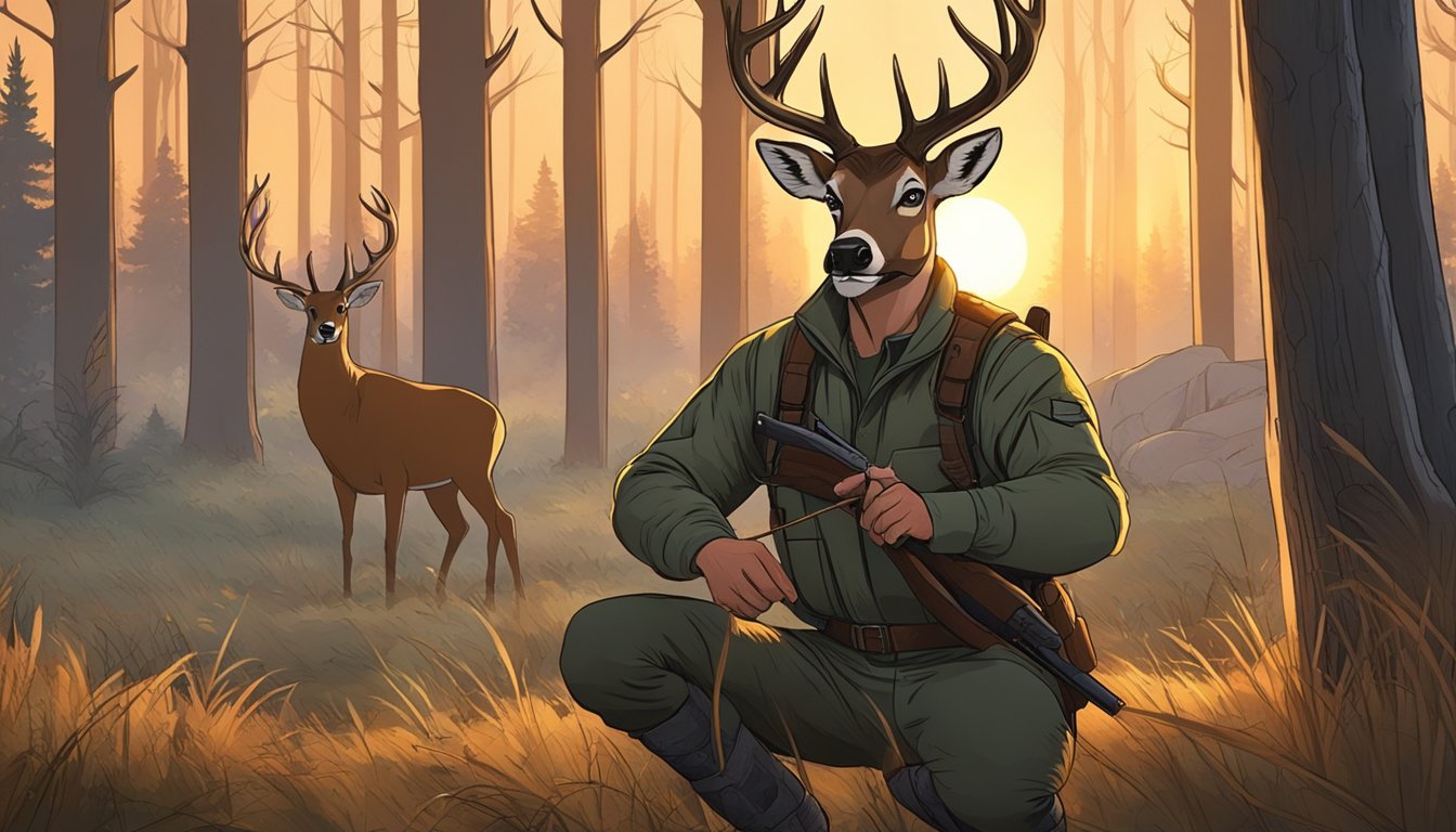 A hunter crouches in a forest clearing, bow drawn, eyes fixed on a majestic buck grazing in the distance. The sun sets, casting a warm glow over the scene