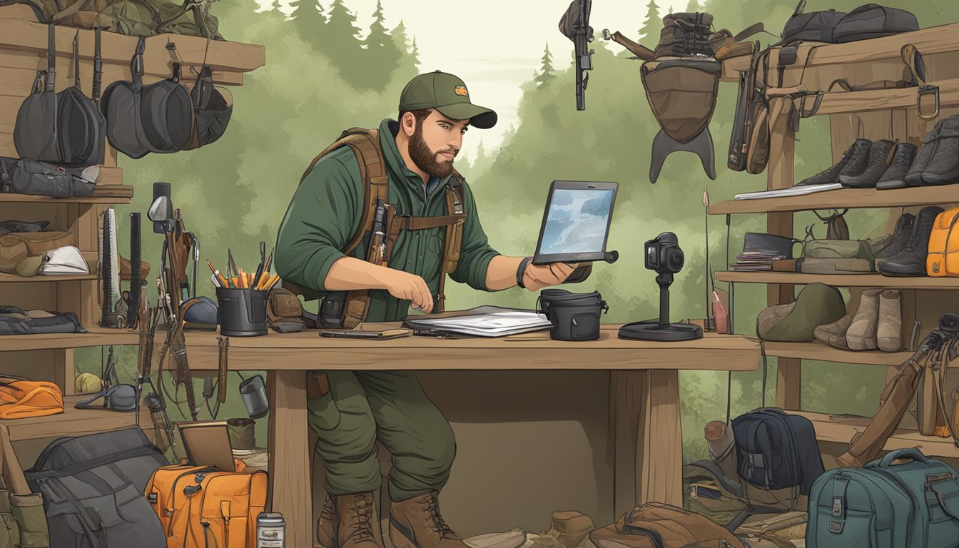 A hunter giving closing remarks on a YouTube video, surrounded by hunting gear and educational materials