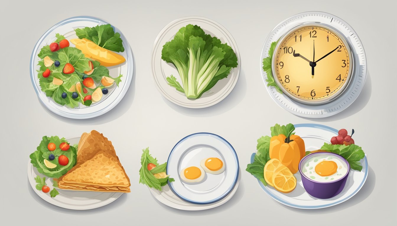 A clock showing different times of the day with a plate of food and then an empty plate, indicating the eating and fasting periods of intermittent fasting