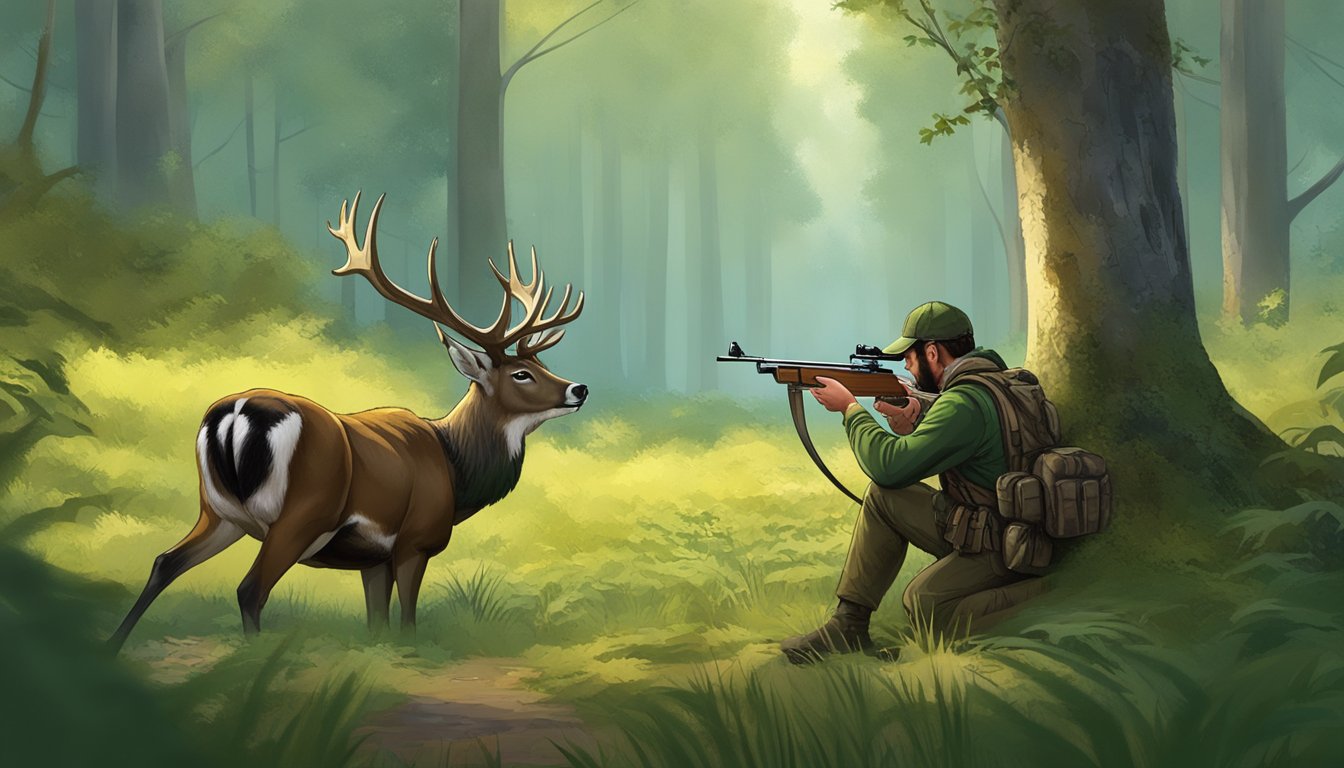 A hunter crouches behind a tree, aiming his bow at a grazing deer in a lush forest clearing