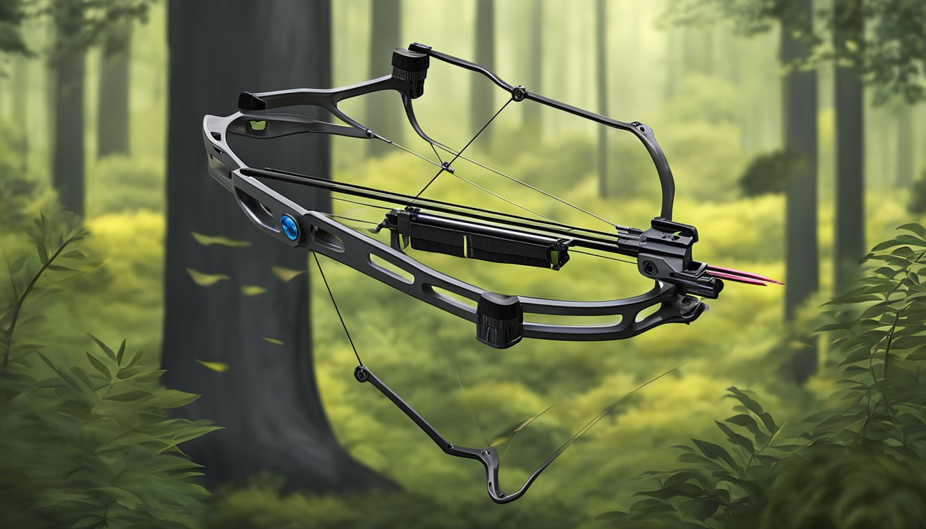 A sleek modern compound bow with advanced broadheads aimed at a target deer in a forest clearing