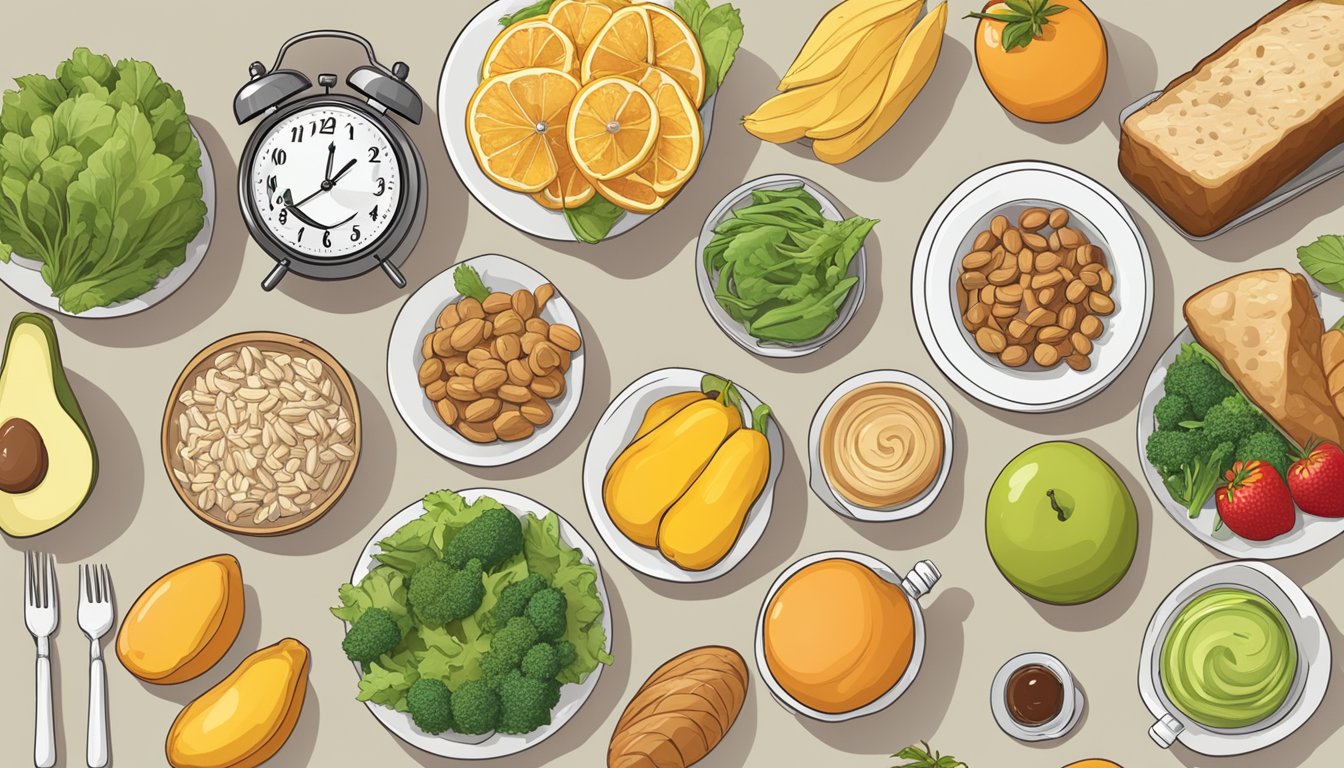 A table with a variety of healthy foods on one side and unhealthy foods on the other, with a clock in the background indicating the time for intermittent fasting