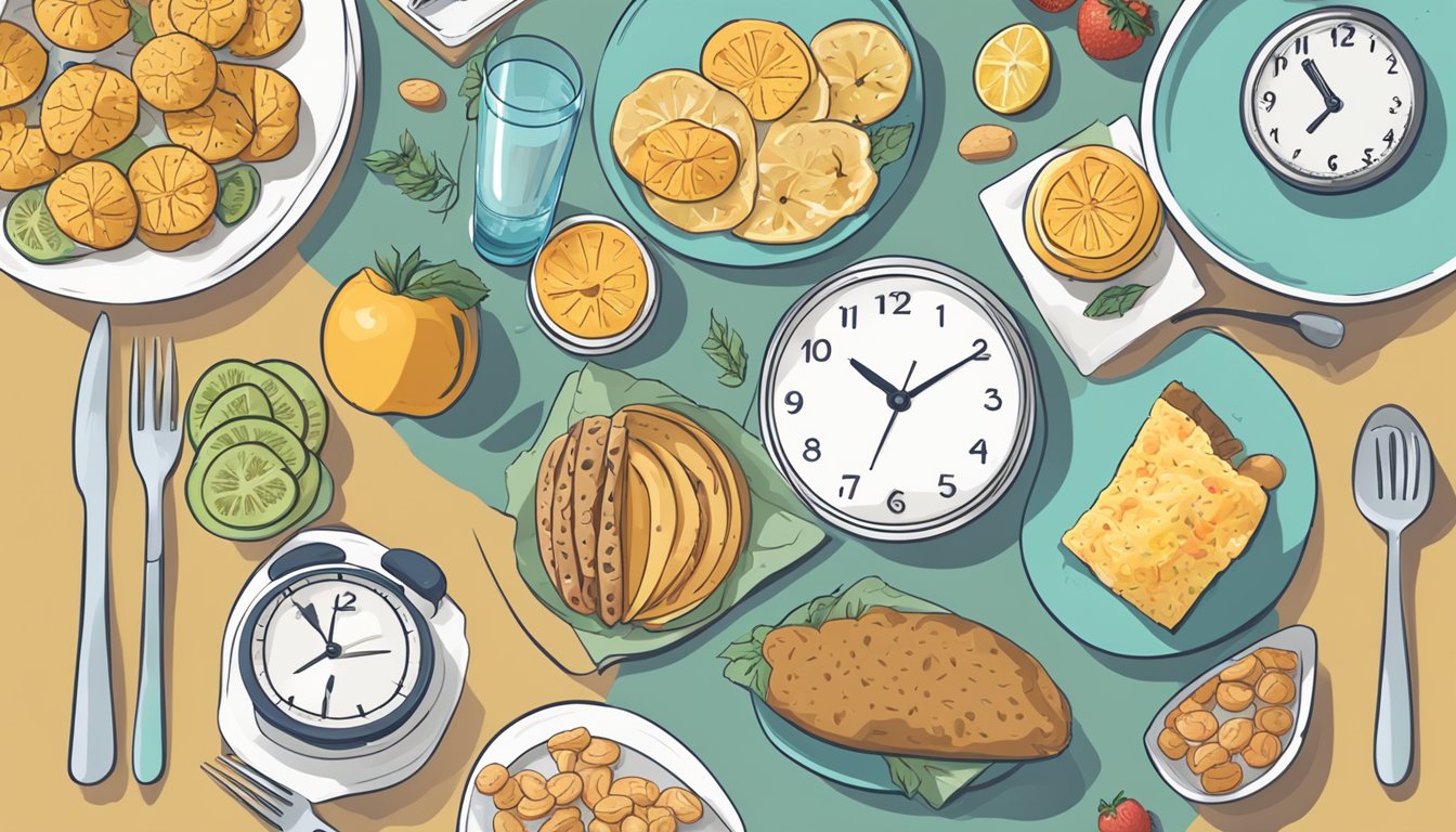 A clock showing fasting hours with a plate of food beside it, surrounded by images of healthy snacks and a glass of water