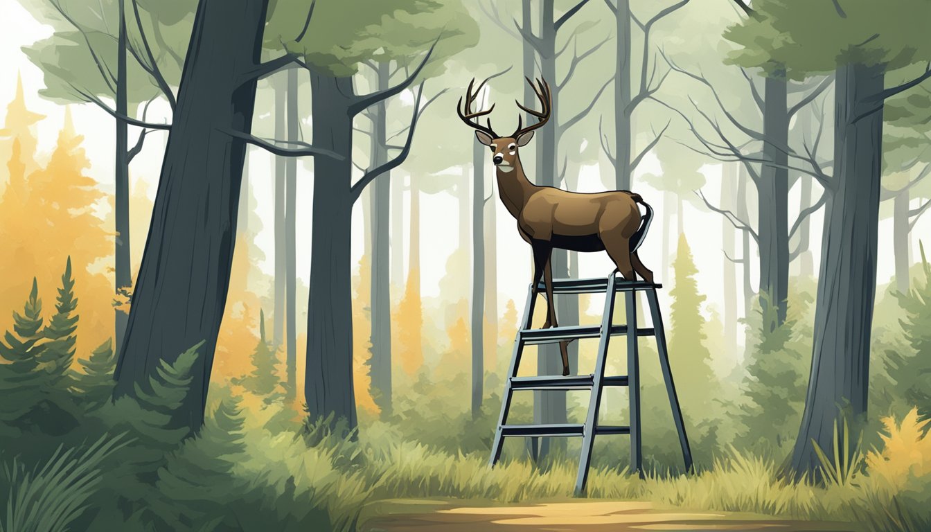 A ladder stand nestled in a forest clearing, surrounded by tall trees and brush. A deer approaches cautiously, its ears perked and alert