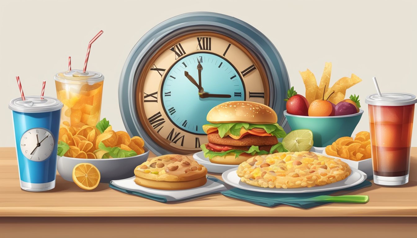 A table with tempting foods and drinks, including sugary snacks and sodas, is surrounded by a clock showing restricted eating times