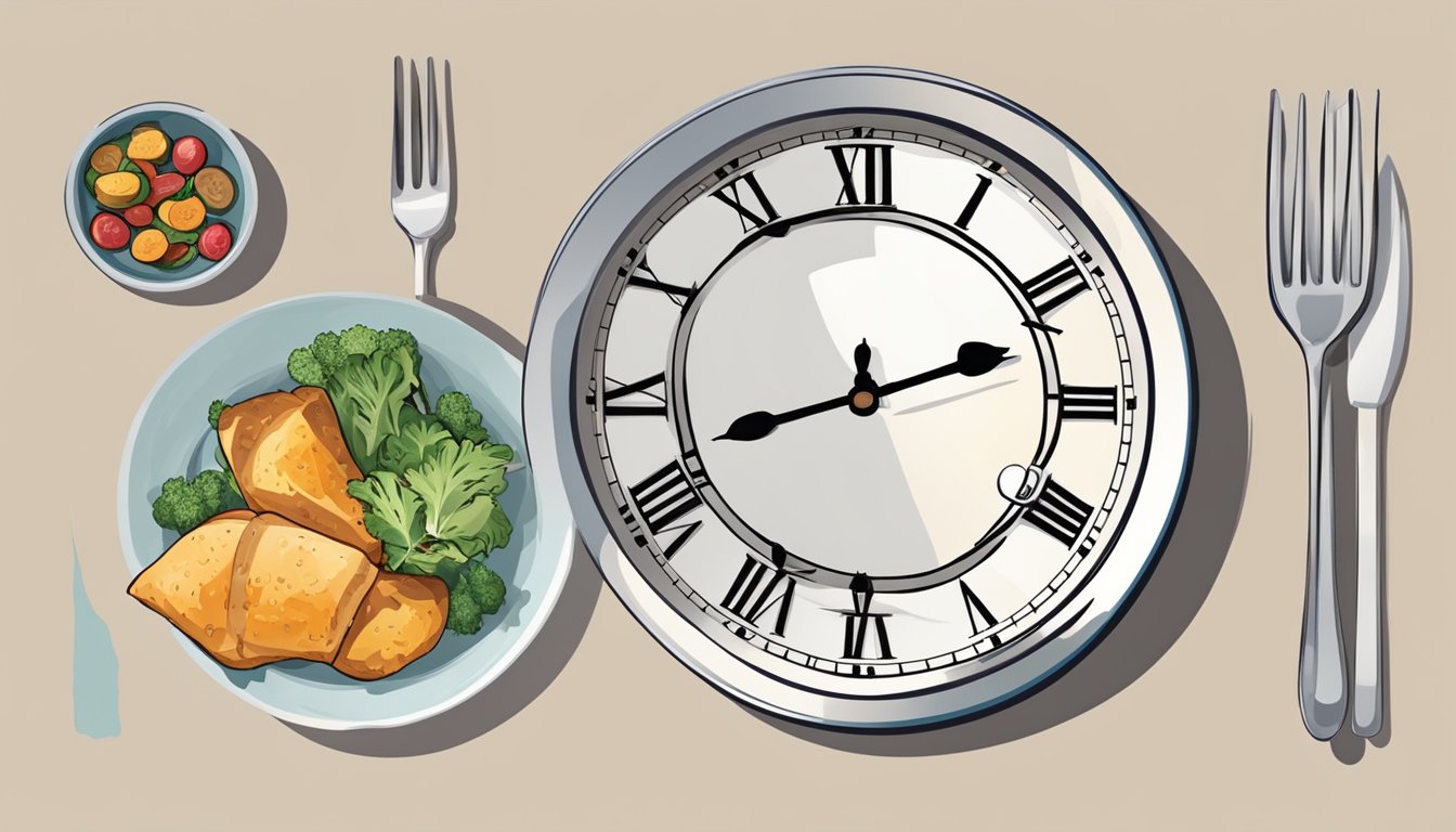 A clock showing the time between meals, with a plate of food next to it