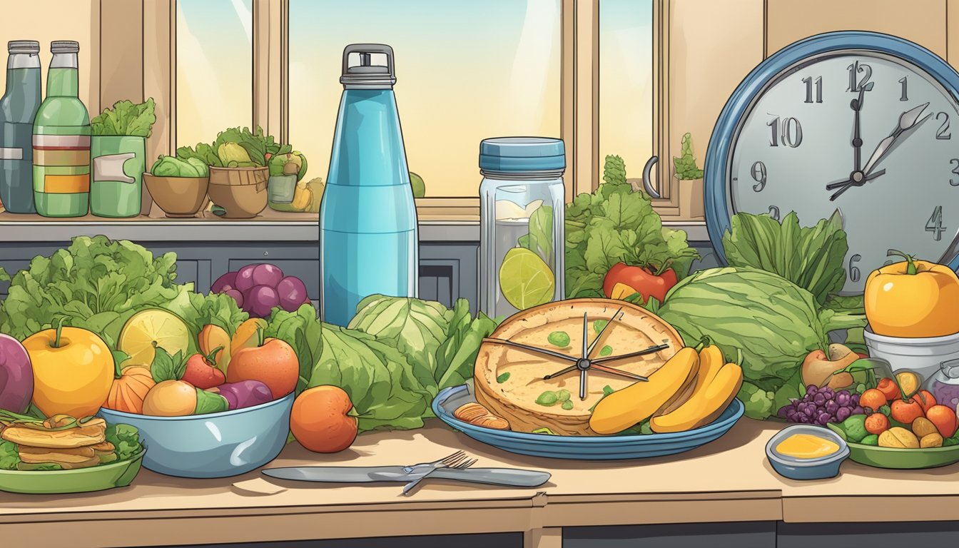 A clock showing a restricted eating window, surrounded by healthy food options and a water bottle