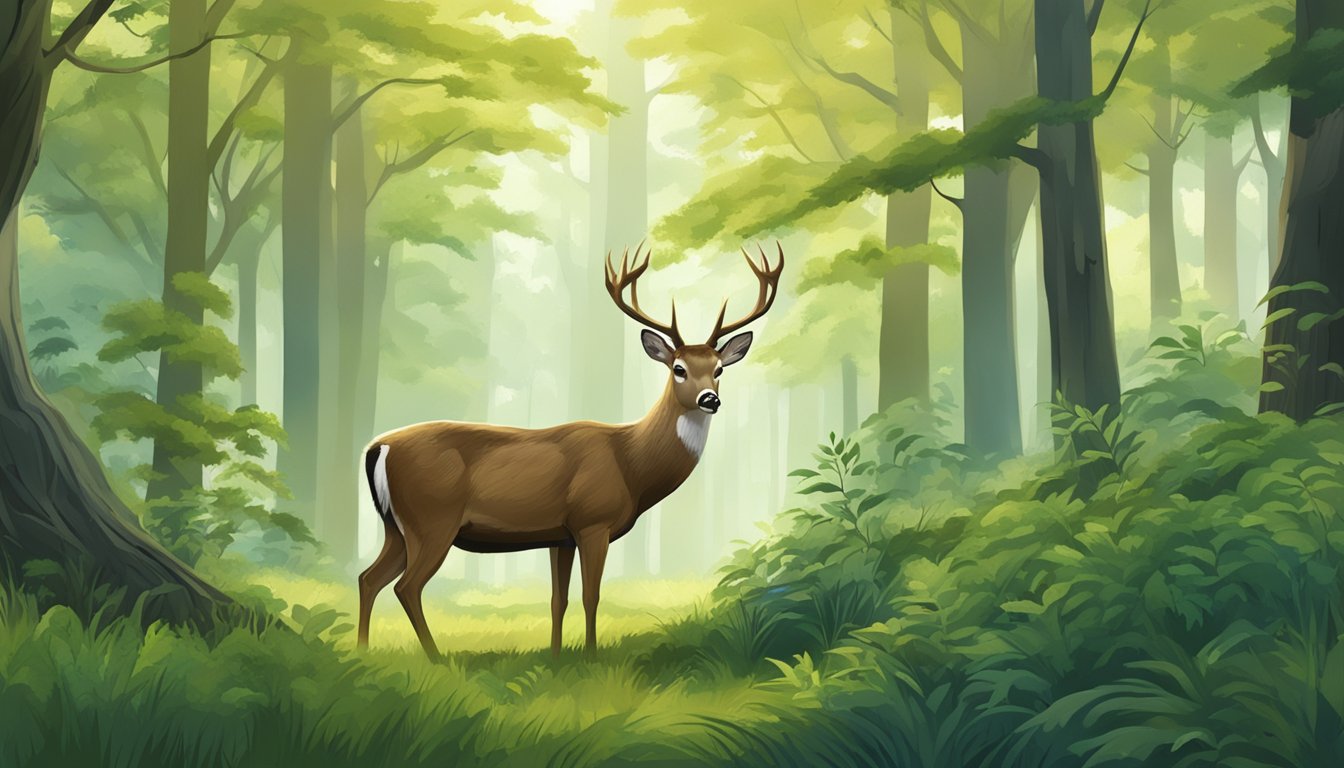 A deer grazing peacefully in a lush forest, surrounded by trees and wildlife