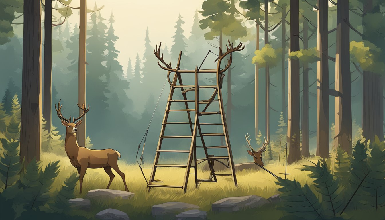 A ladder stand is set up in a forest clearing, surrounded by trees. A deer approaches, and various hunting accessories, such as a bow and arrows, are scattered nearby