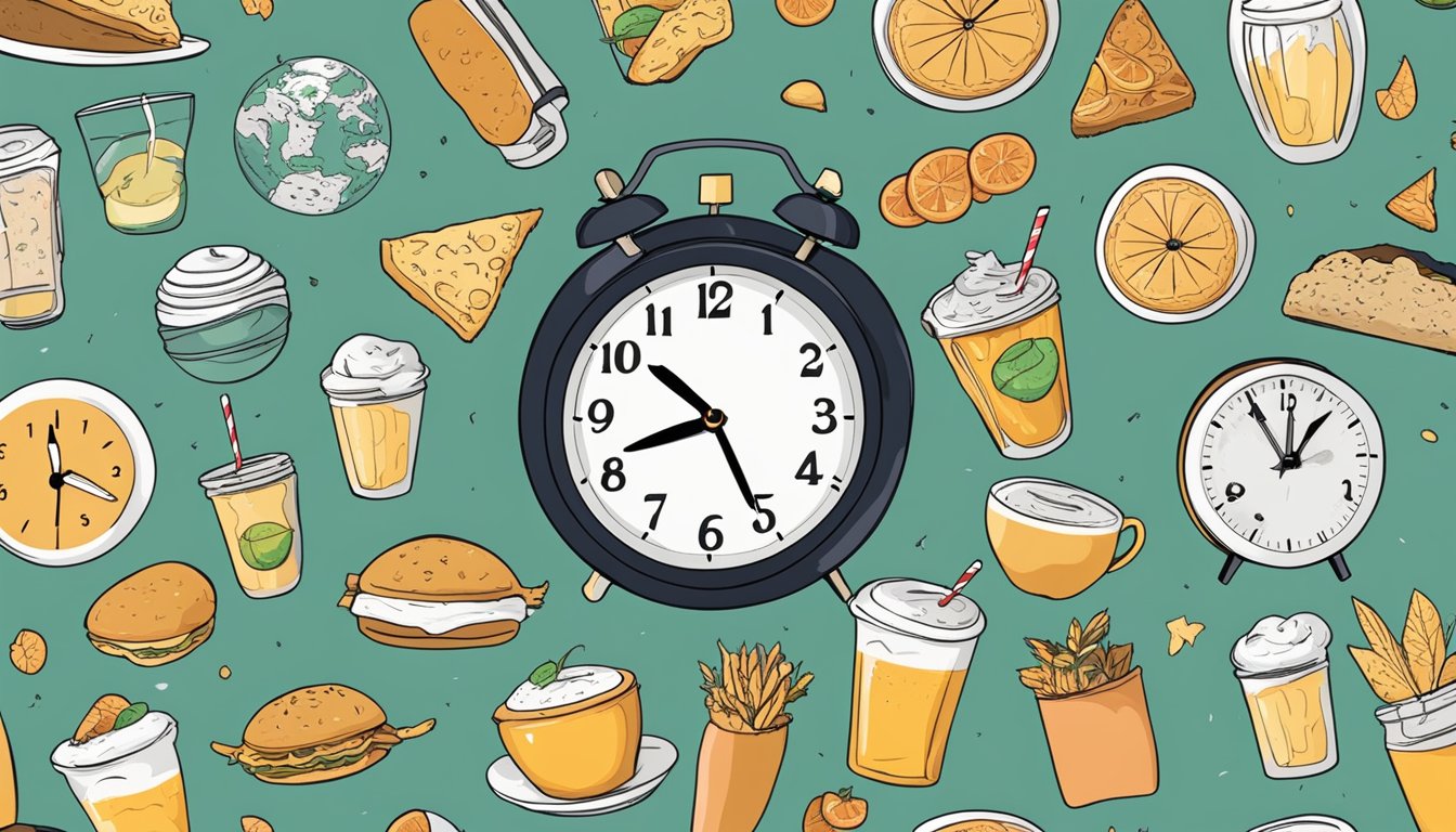 A clock showing different times of day with food and drink items arranged around it, symbolizing the question of what can be consumed during intermittent fasting