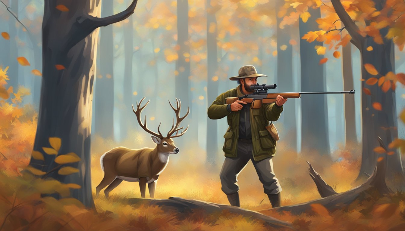 A hunter aims a rifle at a deer in a forest clearing. The deer stands alert, surrounded by autumn foliage