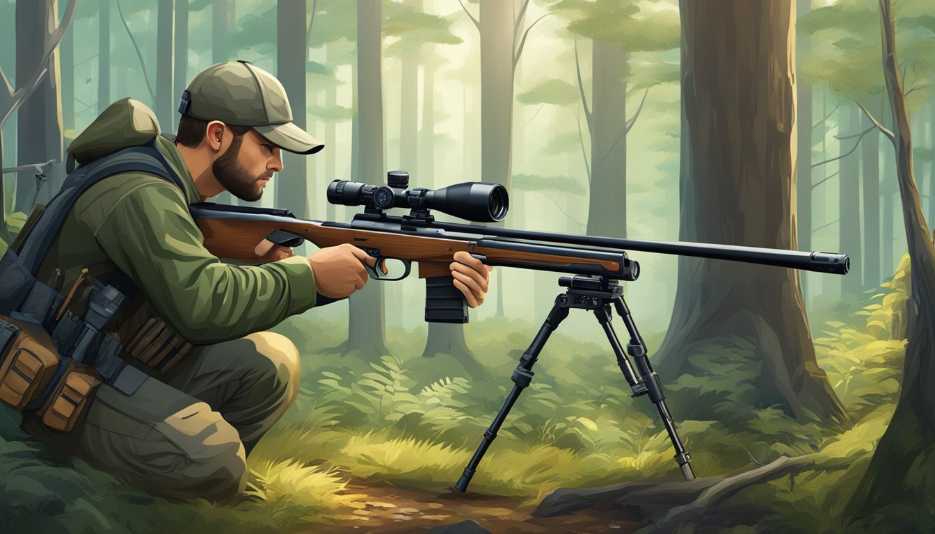 A hunter uses an advanced rifle scope to target a deer in a forest clearing, surrounded by high-tech gear and tools