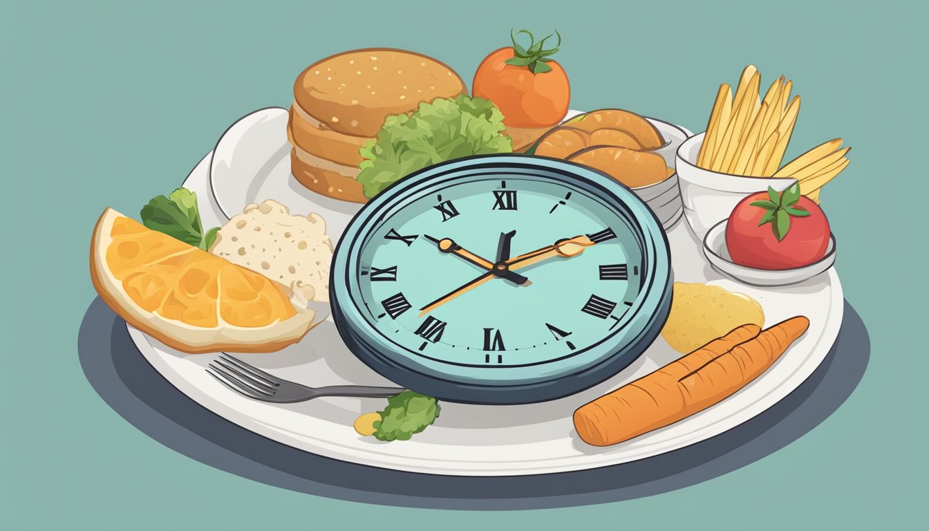 A clock showing the time between meals, with a plate of forbidden foods crossed out