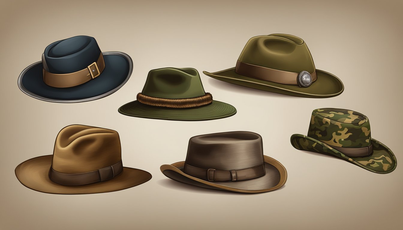 A series of deer hunting hats from different time periods displayed on a wooden table, ranging from traditional fur caps to modern camouflage designs