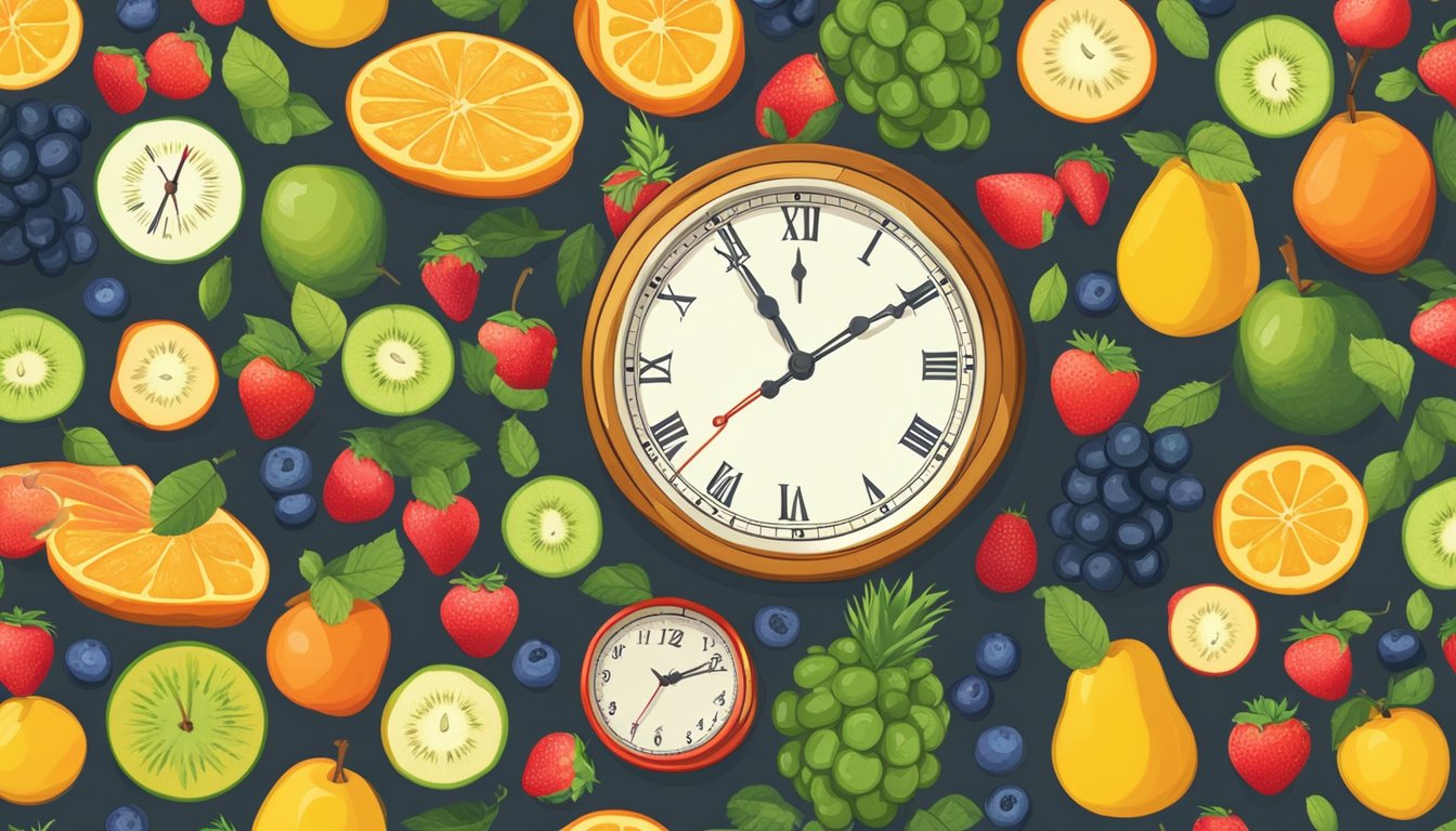 A clock showing the time window for intermittent fasting, with a variety of fruits arranged neatly on a table, some in a bowl and others on a cutting board