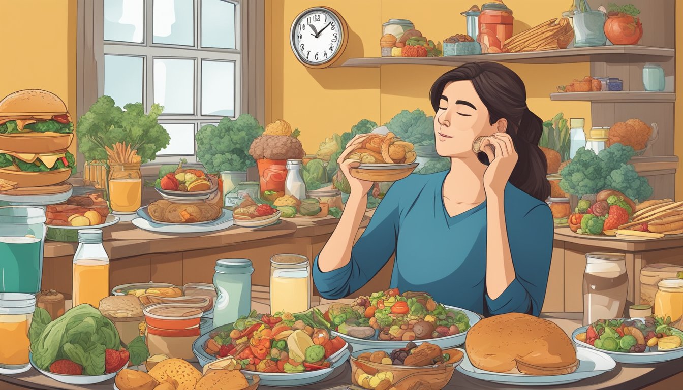 A person surrounded by a variety of food items, some healthy and some unhealthy, with a clock in the background indicating the fasting and eating windows