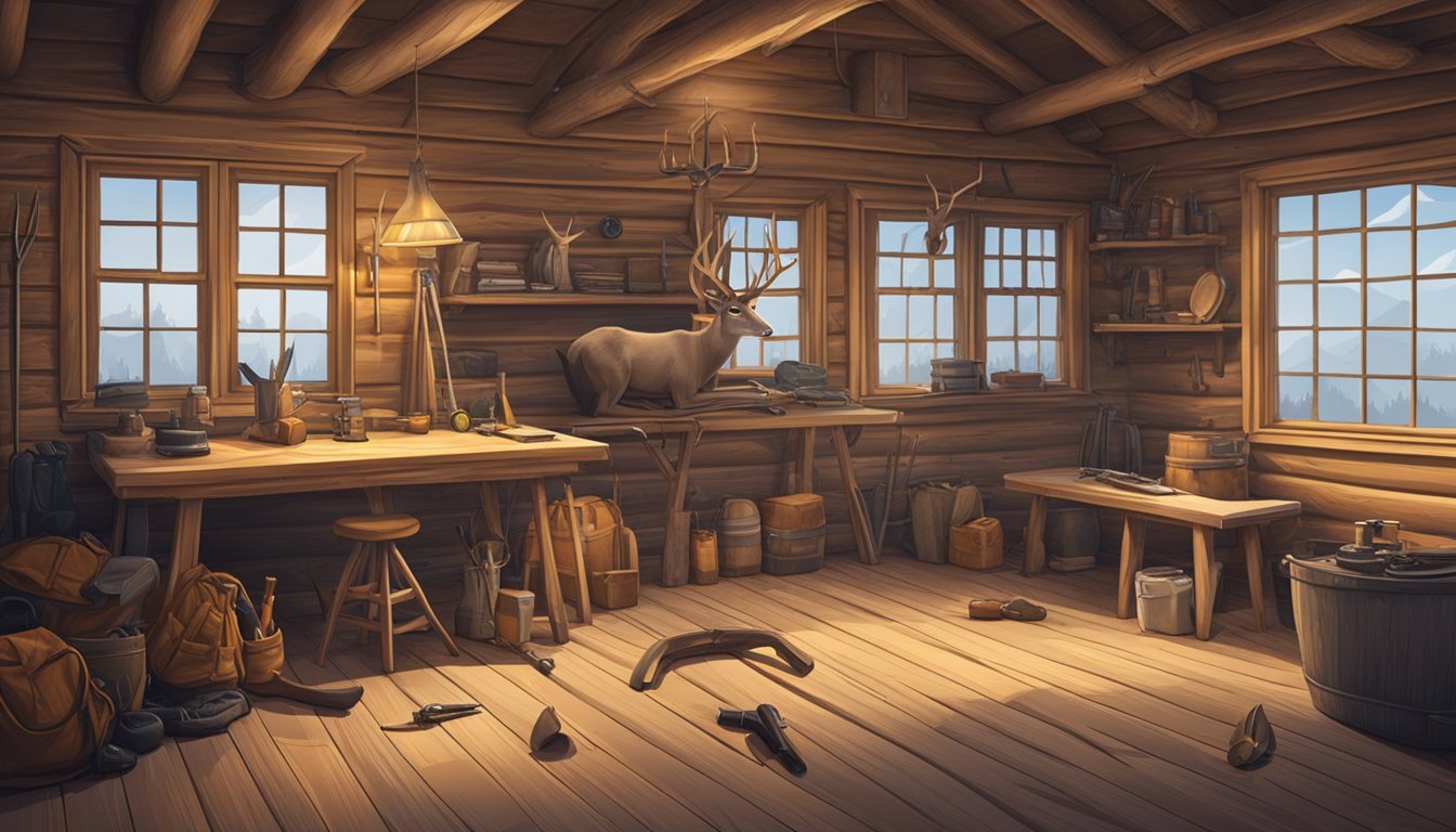 A hunter's cabin with deer antlers mounted on the wall, a rifle leaning against a wooden table with hunting gear scattered around