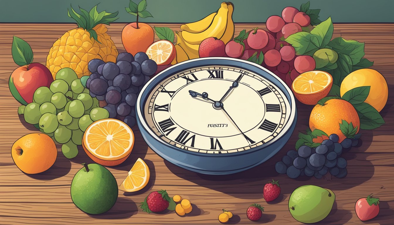 A bowl of assorted fruits arranged on a wooden table, with a clock in the background showing the time window for intermittent fasting