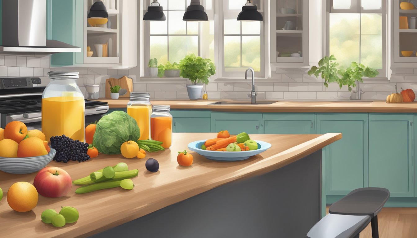 A kitchen counter with a variety of healthy, whole foods like fruits, vegetables, nuts, and grains. A clock on the wall indicates the time for eating during intermittent fasting