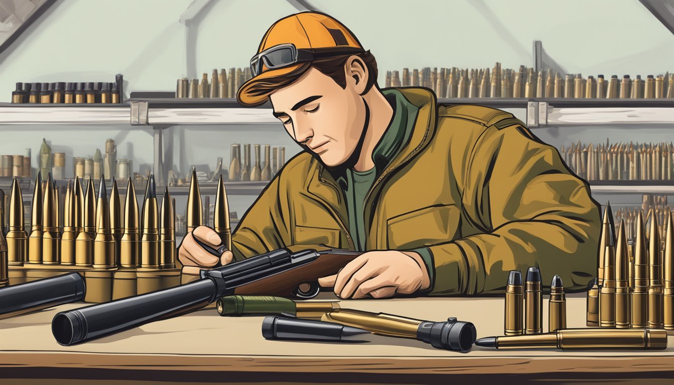 A hunter carefully selects a rifle cartridge from a variety of ammunition options, considering the caliber for deer hunting