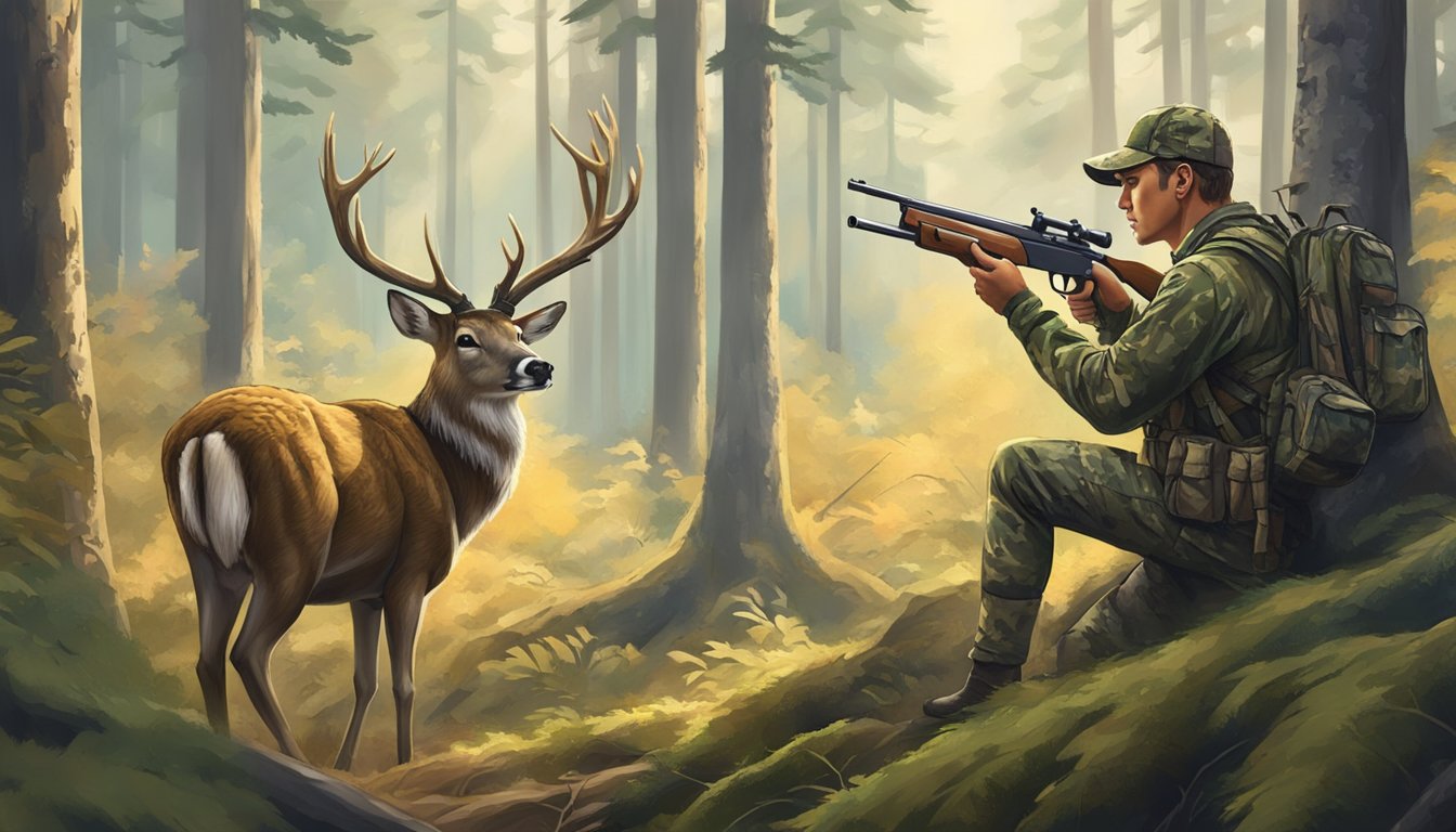 A hunter dressed in camouflage gear aims a rifle at a majestic deer in a forest clearing