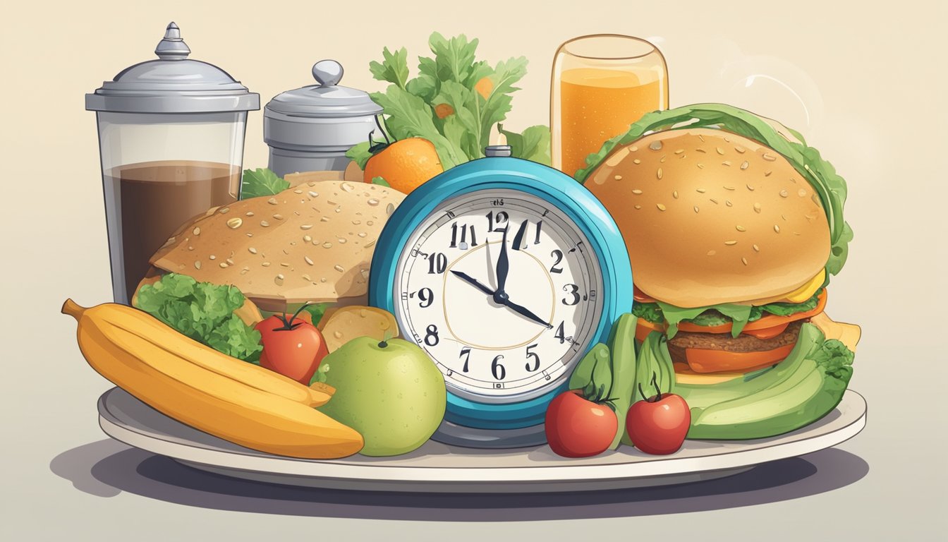 A clock showing different times for eating and fasting, with a variety of food items displayed next to it