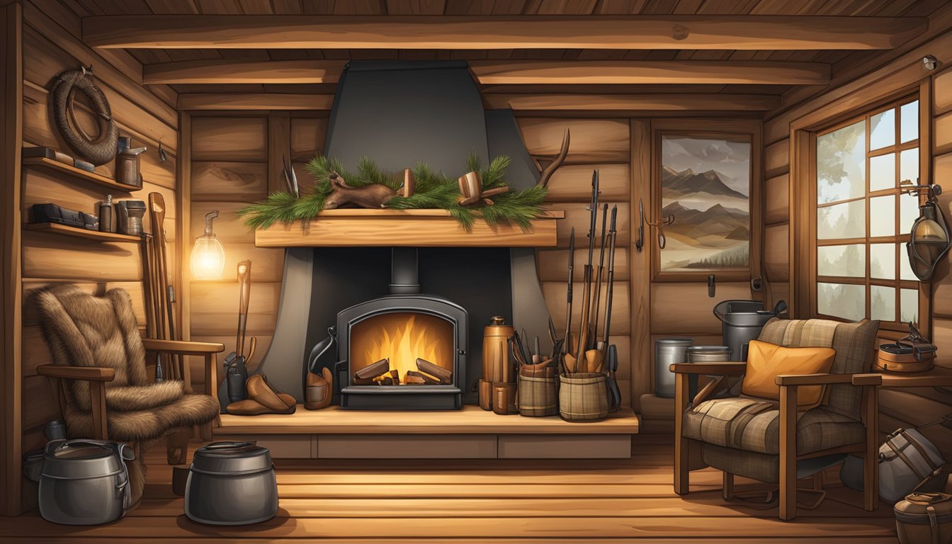 A hunter's cabin with a cozy fireplace, mounted deer heads, and a display of hunting gear and tools