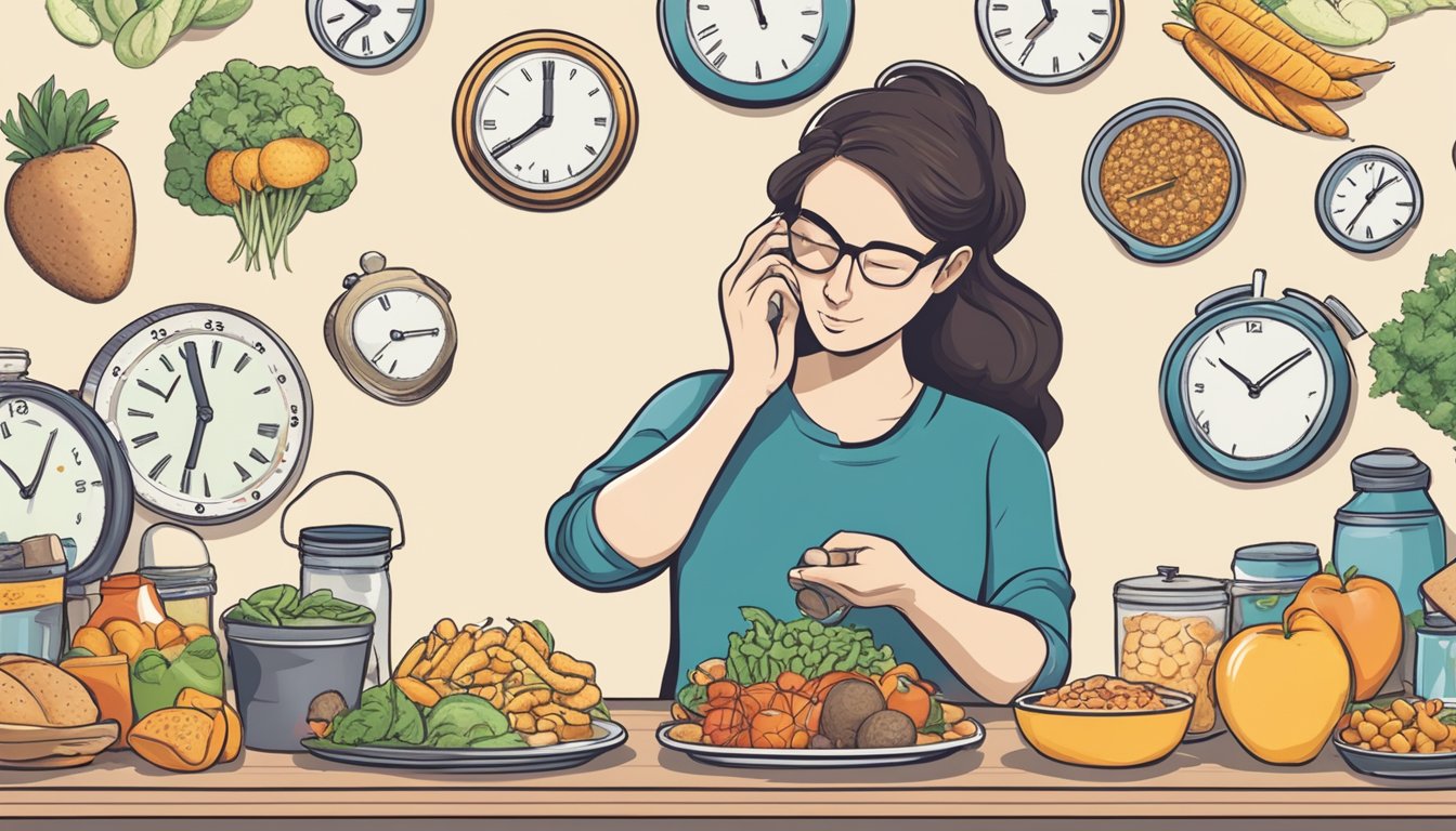 A person choosing a variety of foods while looking at a clock, representing the flexibility of tailoring intermittent fasting to individual needs