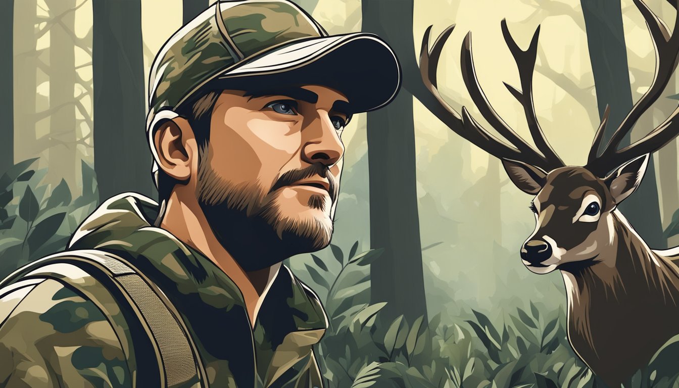 A hunter wears a camouflaged deer hunting hat while stalking through a dense forest