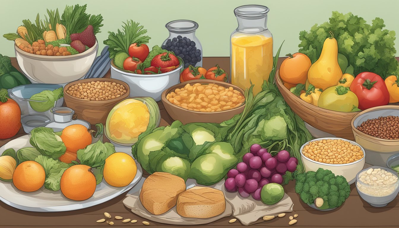 A table set with a variety of foods, including fruits, vegetables, grains, and proteins, with a clock in the background indicating different times of day