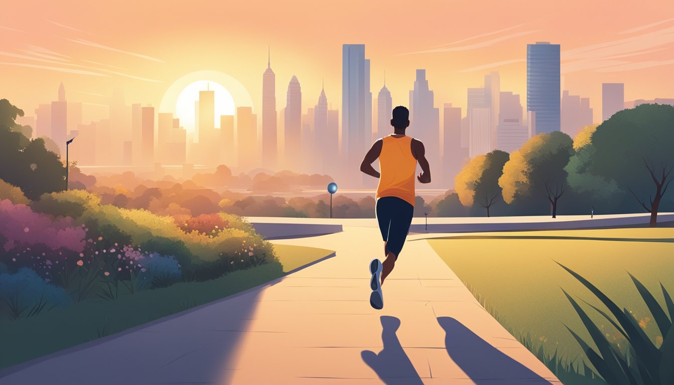 A person jogging in a park at sunrise, with a clear sky and a distant view of a city skyline