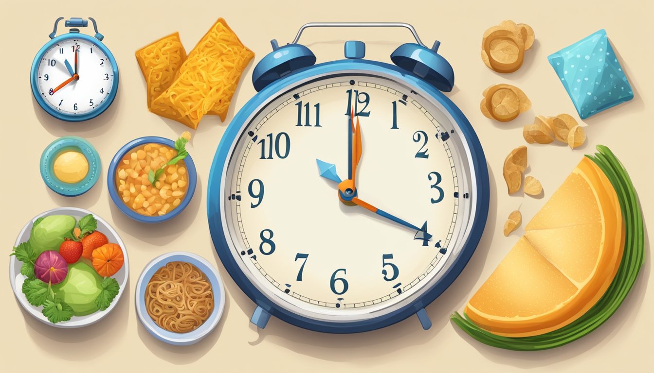 A clock with two distinct time windows: one for eating and one for fasting, surrounded by various food items and a measuring tape