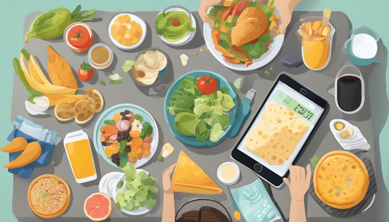 A table with a variety of food items, a clock showing different meal times, and a person recording food intake and monitoring their health metrics