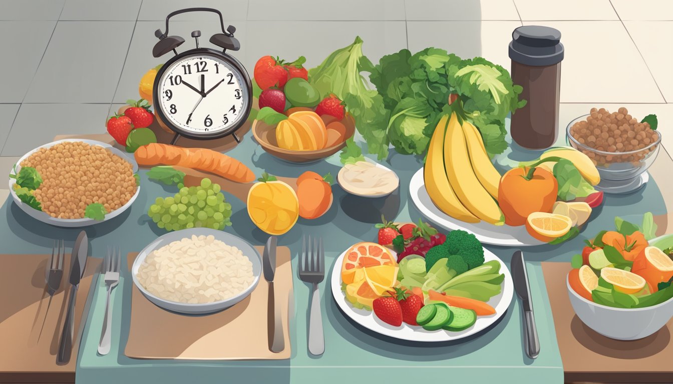 A table with a variety of healthy food options, including fruits, vegetables, lean proteins, and whole grains. A clock in the background indicates the concept of intermittent fasting