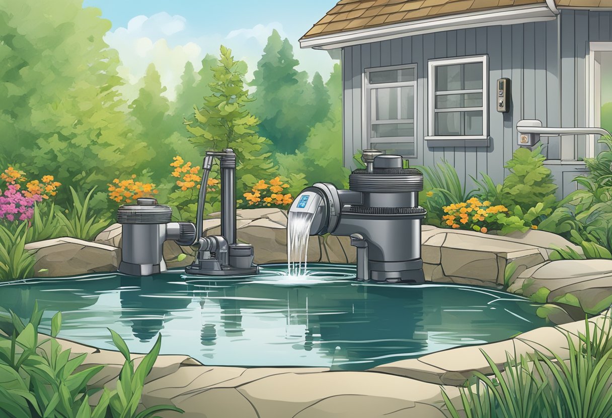 A pond pump sits next to a water feature, surrounded by lush greenery. A power meter measures energy usage