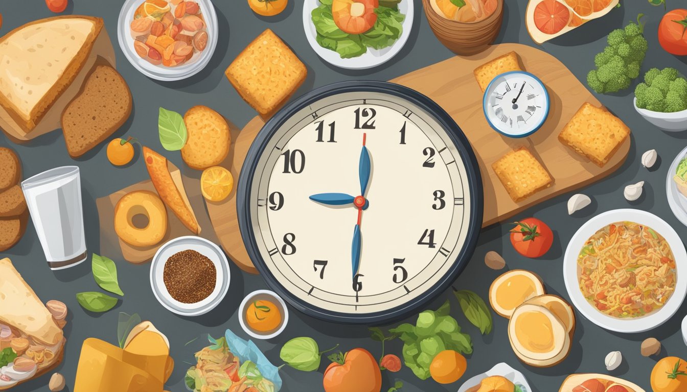 A table with various types of food and a clock showing different times, illustrating the impact on blood sugar and insulin levels while intermittent fasting