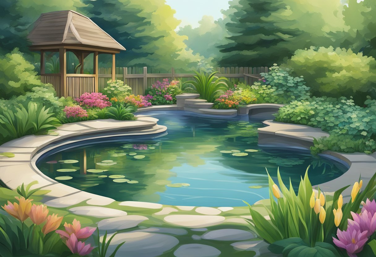 A serene backyard pond with a water pump surrounded by lush greenery and colorful aquatic plants. The pump is quietly running, creating gentle ripples on the water's surface